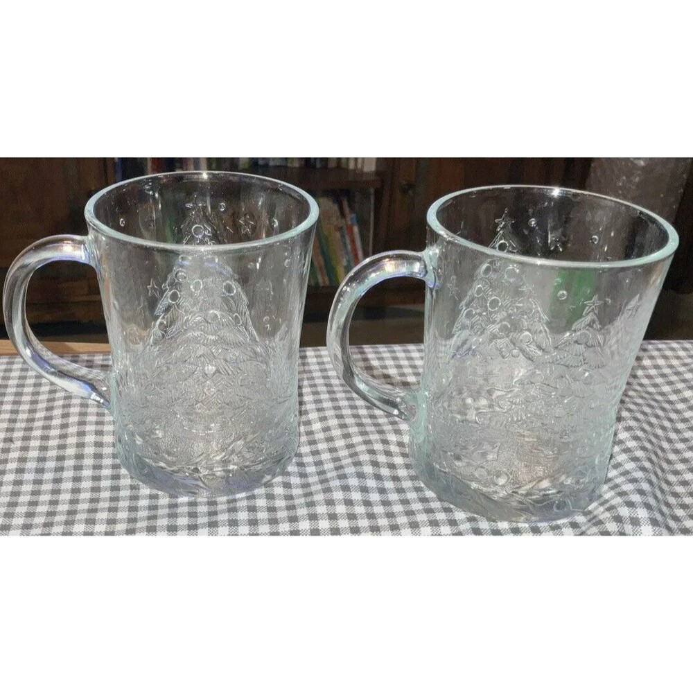 2 Vtg Arcoroc USA Clear Glass Christmas Holiday Holly Tree Mugs Cups Open Box